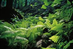 Sunlit Ferns in Forest Undergrowth