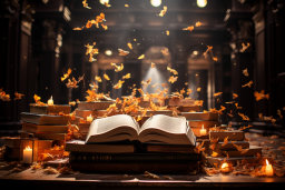 un livre et des bougies avec des feuilles volant dans les airs