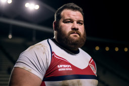 a man with a beard wearing a rugby jersey