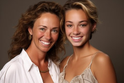 a woman and a young girl smiling
