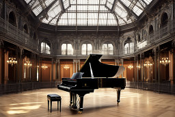 Grand Piano in an Ornate Concert Hall