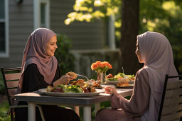 Eine Gruppe von Frauen, die mit Essen an einem Tisch sitzen