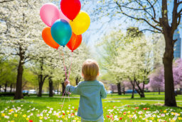 a child holding balloons in a field
