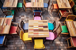 a table and chairs on a brick patio