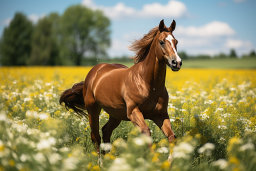 Ein Pferd, das durch ein Blumenfeld läuft
