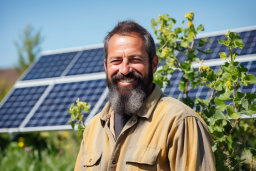 Ein Mann, der vor einer Solarpanel lächelt