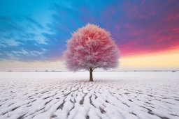 Winter's Solitude: Tree in Snow at Sunset