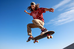 Ein Mann, der auf ein Skateboard springt