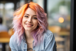 Una donna con capelli rosa e arancioni sorridenti