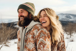 Couple in Winter Attire Enjoying Snowy Landscape