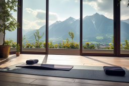 Yogamatten und Handtücher auf einem Boden vor großen Fenstern