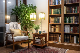 ein Zimmer mit einem Bücherregal und einem Stuhl