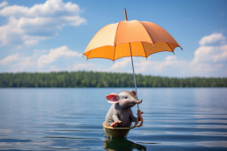 an elephant toy in a boat with an umbrella