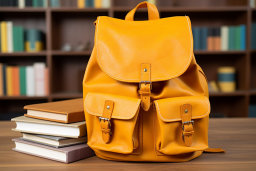 Ein gelben Rucksack neben Büchern