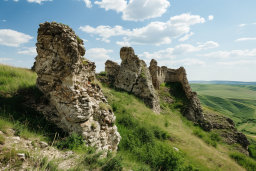 Ancient Rock Formations Overlooking Green Hills