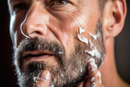 Egy ember szakáll és borotválkozási krémmel az arcán