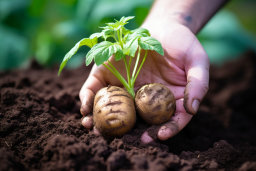 a person holding potatoes with a plant growing out of them