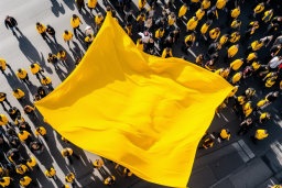 un groupe de personnes tenant un drapeau jaune