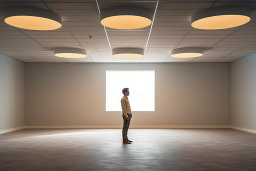 Un homme debout dans une pièce avec des lumières au plafond