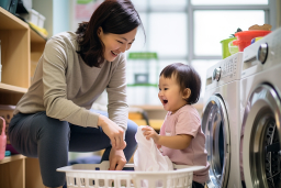 a woman and a baby in a laundry basket