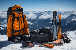 uma pessoa em uma jaqueta laranja e equipamento de esqui sentado em uma montanha nevada