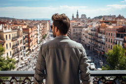 Un homme debout sur un balcon surplombant une ville