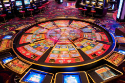 une table de roulette circulaire avec de nombreuses cartes colorées