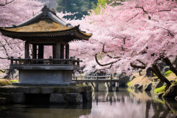 Serenity in Japanese Garden with Cherry Blossoms