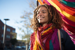 Une femme souriant avec une écharpe colorée
