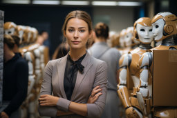 a woman standing in front of a group of robots