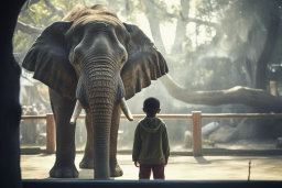 a boy looking at an elephant