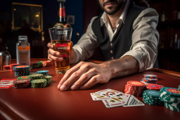 a man holding a glass of beer and playing cards