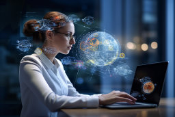 Une femme assise à un bureau avec un ordinateur portable et un hologramme de la terre