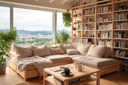 a living room with a large window and a large couch