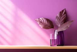 un vase violet avec des feuilles dedans et un verre de liquide