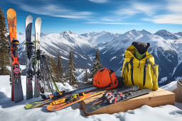 Um grupo de esquis e mochila em uma montanha nevada