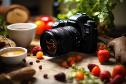 a camera and food on a table