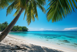 une plage avec des palmiers et de l'eau bleue