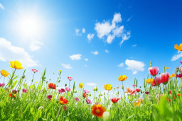 Vibrant Spring Meadow with Sunny Sky