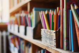 Colorful Pencils on a Bookshelf