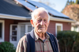 Un vieil homme debout devant une maison