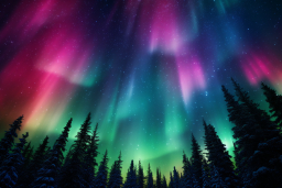 a colorful lights in the sky over trees