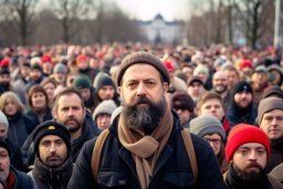 un homme avec une barbe debout dans une foule