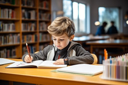 Un niño escribiendo en un libro