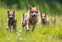 a group of wolves running through grass