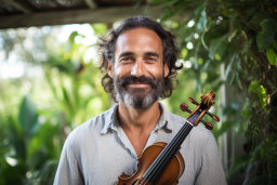 un homme avec une barbe et une moustache tenant un violon