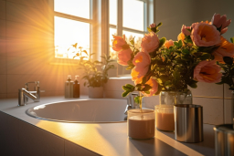 un vase de fleurs devant une baignoire