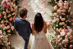 Bride and Groom Walking Down Floral Aisle