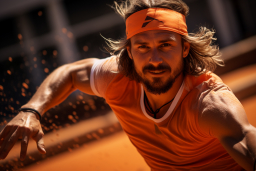 Un uomo con camicia arancione e fascia che oscilla una palla da tennis
