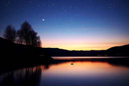 a lake with a sunset and stars in the sky
